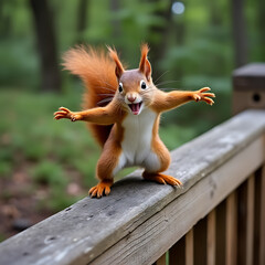 Exuberant Squirrel on Wooden Railing Delights with Open Arms and Joyful Expression in Verdant Forest Backdrop