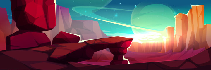 Alien planet landscape with rocky red terrain - sci fi scene with ringed celestial body, orange crystal formations and cliffs under bright sky for space game bg or extraterrestrial world illustration. © klyaksun