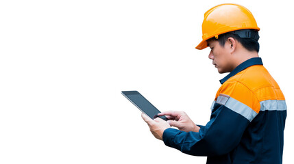 Construction worker wearing hard hat uses tablet to check information on job site, showcasing modern technology in construction industry