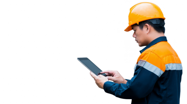 Construction worker wearing hard hat uses tablet to check information on job site, showcasing modern technology in construction industry