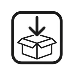 Simple outline icon representing a box with an arrow pointing down into it isolated on transparent background
