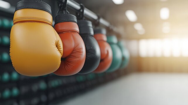 Colorful boxing gloves hang in a gym setting, showcasing various styles and textures, This image can be used for fitness promotions, sports articles, or motivational content related to boxing,