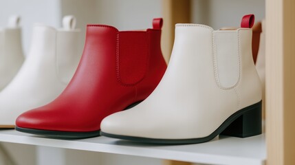 Stylish ankle boots in red and cream colors displayed on a shelf, perfect for fashion retailers or footwear advertisements, Ideal for e-commerce sites, lookbooks, and fashion blogs,