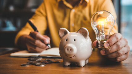 Person holding lightbulb with piggy bank and coins on wooden table near notebook and pen concept