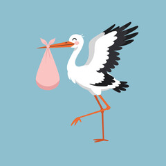 Stork carrying a pink bundle in its beak against a light blue background