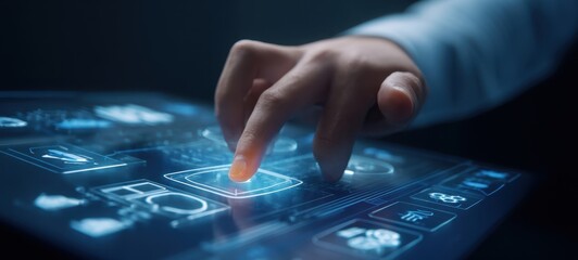The hand interacting with a futuristic digital touchscreen interface showcasing technology.
