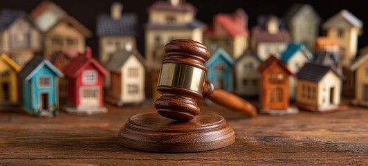 The gavel resting on a wooden stand with colorful miniature houses in the background.