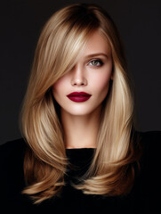 Fototapeta premium Woman with layered blonde hair and red lipstick on dark background