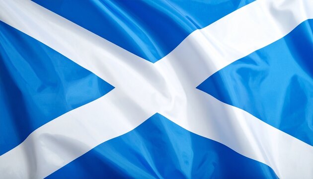 Scottish flag (St. Andrew's Cross) with smooth fabric texture and gentle folds, vibrant blue and white colors representing national pride and cultural heritage.