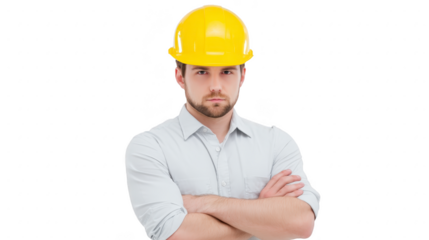 Confident construction worker wearing yellow hard hat and light colored shirt stands with arms crossed, showcasing professional demeanor