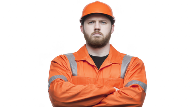 Serious male construction worker wearing orange safety uniform and helmet stands confidently with arms crossed, showcasing professionalism and readiness for work