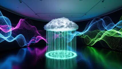 Futuristic cloudscape with vibrant data streams and a holographic rain effect inside the data - Powered by Adobe