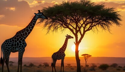 Two giraffes eating leaves from a tree during a beautiful african sunset