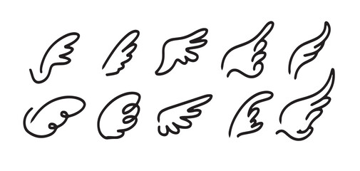 A collection of hand-drawn wing illustrations in various styles. Set of minimalistic black outline angel wings, bird wings, and fantasy wings for design projects, tattoo art, stickers, and decorative 