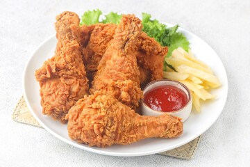Crispy fried chicken is a dish made from pieces of chicken that have been coated with flour or a thin batter that is seasoned and fried, deep-fried, fried in a pressure fryer, or air-fried.