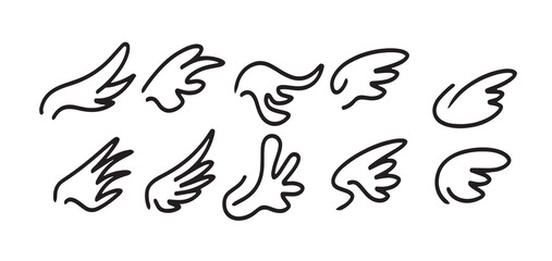 A collection of hand-drawn wing illustrations in various styles. Set of minimalistic black outline angel wings, bird wings, and fantasy wings for design projects, tattoo art, stickers, and decorative 
