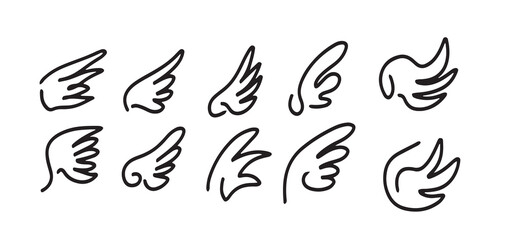A collection of hand-drawn wing illustrations in various styles. Set of minimalistic black outline angel wings, bird wings, and fantasy wings for design projects, tattoo art, stickers, and decorative 