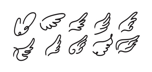 A collection of hand-drawn wing illustrations in various styles. Set of minimalistic black outline angel wings, bird wings, and fantasy wings for design projects, tattoo art, stickers, and decorative 