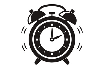 Black twin bell alarm clock loudly ringing on the white background shows a vintage monochrome look