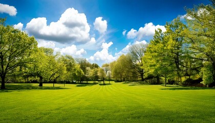 Fototapeta premium Beautiful blurred background image of spring nature with a neatly trimmed lawn surrounded by.jpg