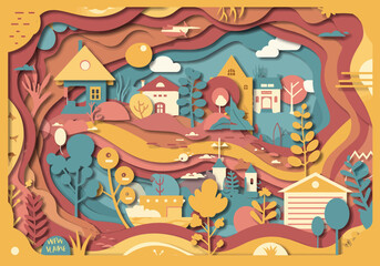 Naklejka premium Whimsical Papercut Village Landscape with Houses and Trees.