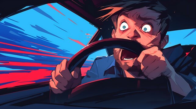 cartoon character of a person panicking while driving a car