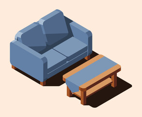 Isometric sofa with table. Modern sofa. Comfortable and cozy soft furniture. Isometric home furniture. Living room furniture