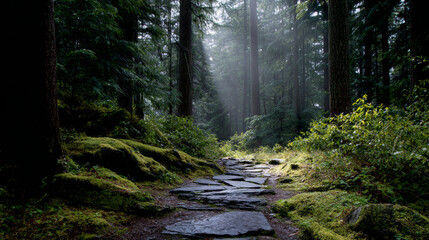 Obraz premium Mystical forest path surrounded by tall trees, moss-covered ground, and soft sunlight filtering through the canopy 