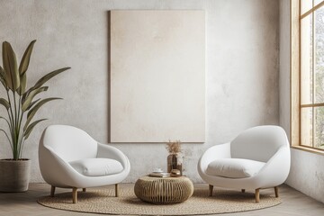 Two white chairs against a stucco wall with a large canvas poster, creating a Scandinavian-style modern living room. 3D rendering, Generative AI