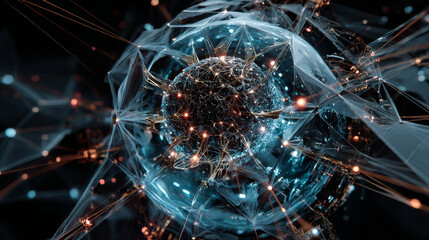 Hand man holding of global Machine Learning network connection, data processing neural networks deep learning algorithm optimization, integration real-time processing automated decision-making.