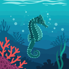 A vibrant underwater scene featuring a seahorse among colorful coral reefs and bubbles