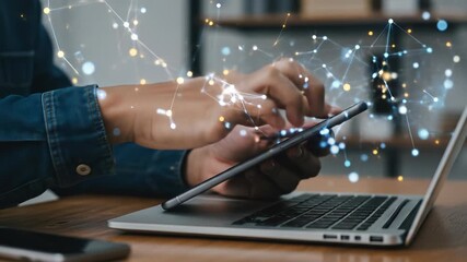 Data-Driven World: Man Using Smartphone with Network Connections Overlay - Technology, Connectivity, and the Future of Communication - Powered by Adobe