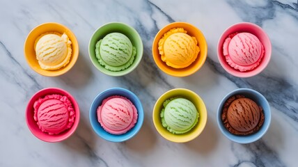 Colorful assortment of ice cream scoops in bowls overhead view