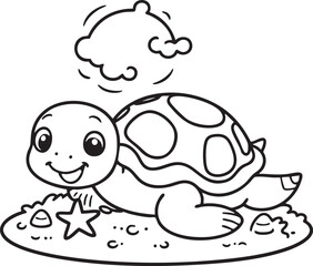 Happy Turtle Walking on the Beach Coloring Page