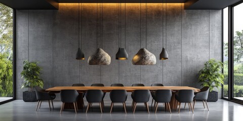 Long live-edge dining table with chairs and decorative stone pendant lights, offering minimalist home interior design for a modern dining room. 3D rendering, Generative AI