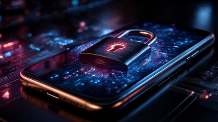 Mobile security, Hands of robot touch smartphones and lock icon, encryption keys on network, data, privacy, authentication and authorization, malware and firewalls protect."
