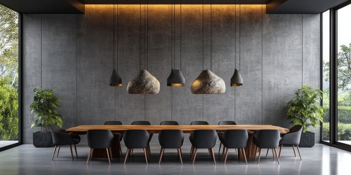 Long live-edge dining table with chairs and decorative stone pendant lights, offering minimalist home interior design for a modern dining room. 3D rendering, Generative AI