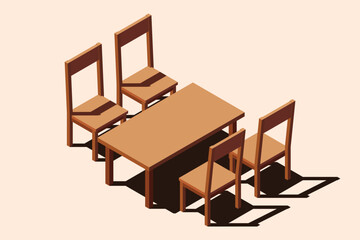 Isometric table and four chairs. Wooden dining table. Wooden table and chairs. Isometric dining room furniture. Isometric home furniture