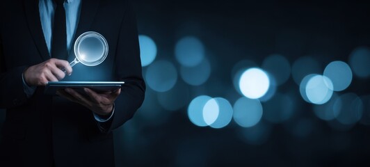 The businessman using a tablet with a magnifying glass in a dark setting