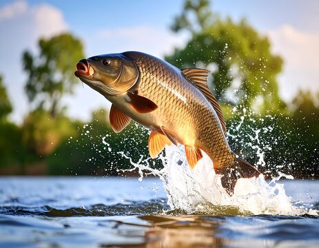 A carp leaping from a tranquil river
