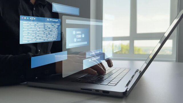 Interaction with the Ai assistant to solve some tasks more easily. Image generator, documents, marketing and advertising, bot writing and coding.Person using laptop with Ai Content Generator.	
