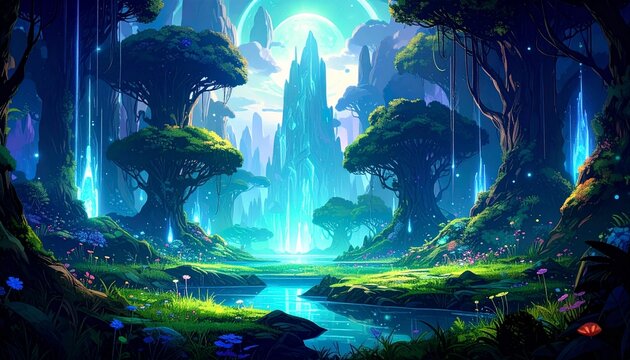 Enchanting Bioluminescent Forest with Crystal Spires and Flowing Water