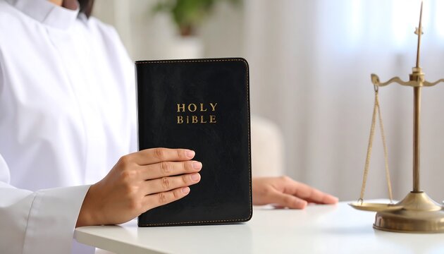 Person holding bible and scales of justice - Powered by Adobe
