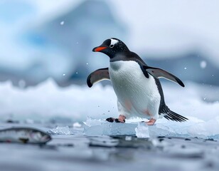 Naklejka premium Penguin catching fish on icy surface, Antarctic scenery, ultra realistic, 8K