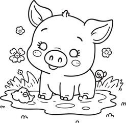 Little Pig Playing in the Mud Coloring Page
