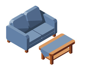 Isometric sofa with table. Modern sofa. Comfortable and cozy soft furniture. Isometric home furniture. Living room furniture