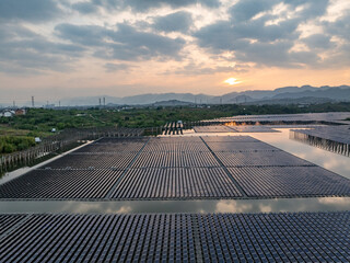 aerial view solar power station on water
