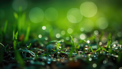 Close up view of green grass blades with water droplets and blurred bokeh circles in a natural outdoor setting