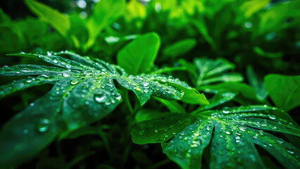 Close up of vibrant green leaves with water droplets showcasing natural textures and patterns in a lush outdoor setting