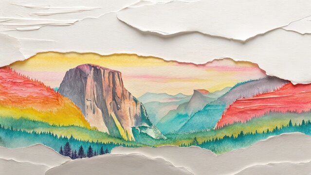 Yosemite National Park rainbow collage, colorful artistic illustration of El Capitan and Half Dome mountains, scenic valley landscape with forest, torn paper texture background, creative travel
